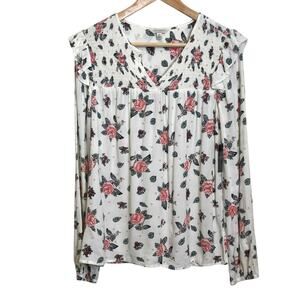 Lucky Brand Size Small Rose Print Smocked Ruffle Pullover Split Neck Blouse